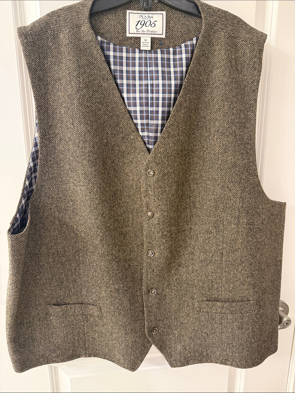 Jos. A. Bank Brown Tweed Vest with Blue & Cream Plaid Lining